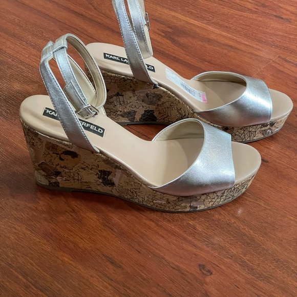 Karl Lagerfeld Carin silver leather cork wedge heel ankle strap NEW sz 10 metal - Picture 9 of 11